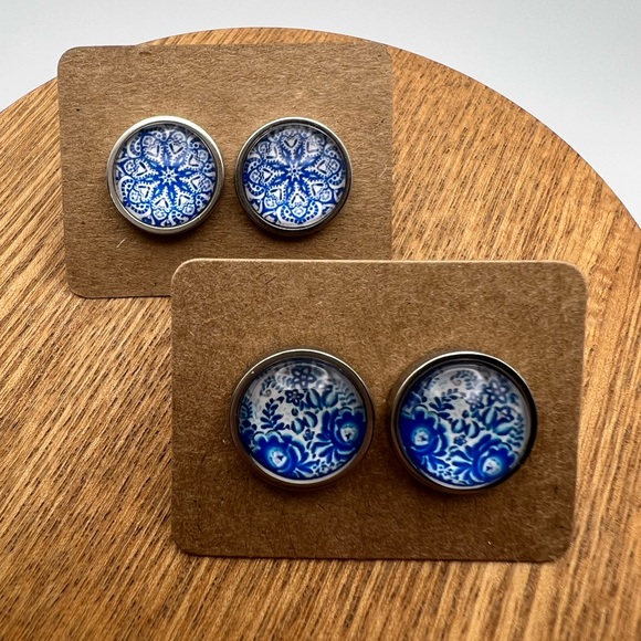 Classic Silver & Blue Stud Earrings - Stylish Blue Trendy Small Earrings - Picture 10 of 13